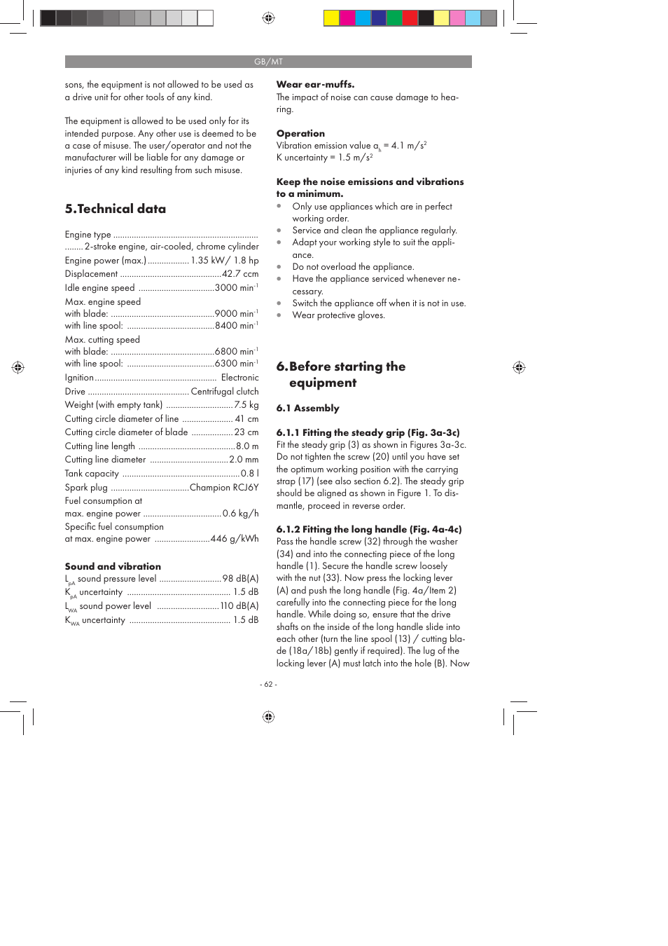 Technical data, Before starting the equipment | Florabest FBS 43 A1 User Manual | Page 62 / 90