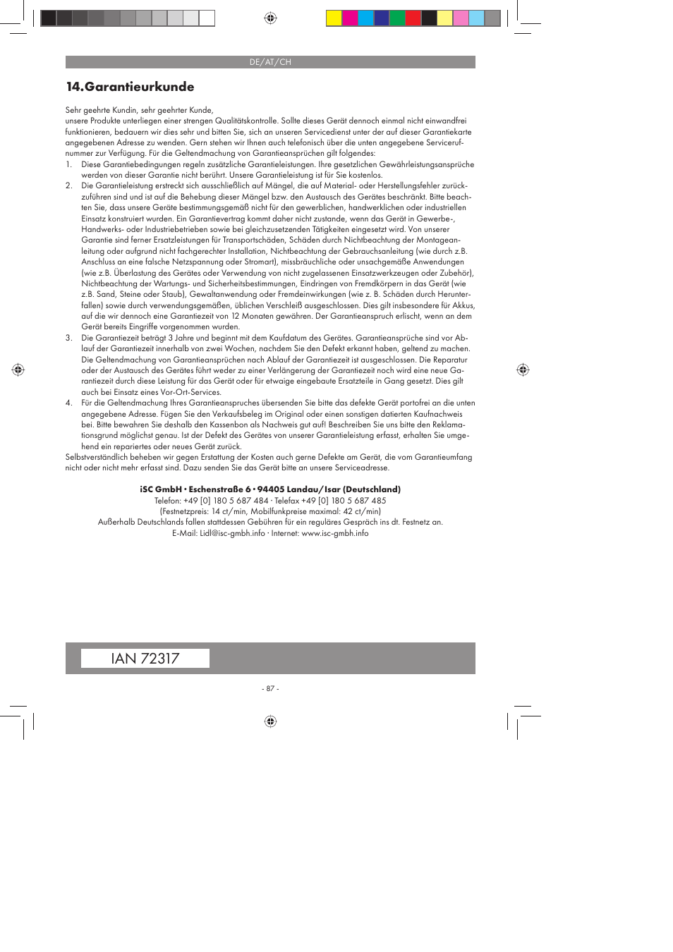 Garantieurkunde | Florabest FBS 43 A1 User Manual | Page 87 / 90