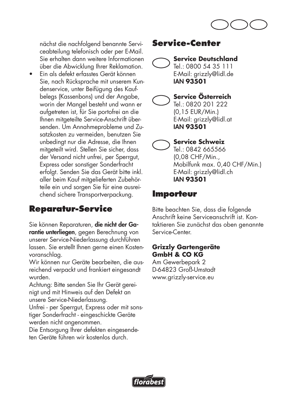 Service-center, Importeur, Reparatur-service | De at ch | Florabest FHE 710 A1 User Manual | Page 127 / 132