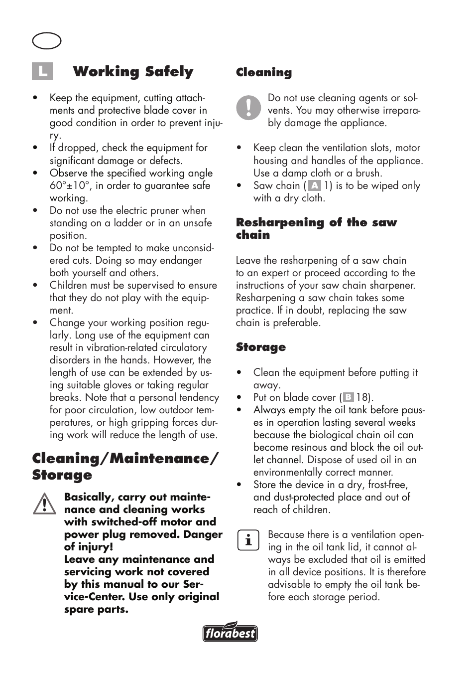 Working safely, Cleaning/maintenance/ storage | Florabest FHE 710 A1 User Manual | Page 18 / 132
