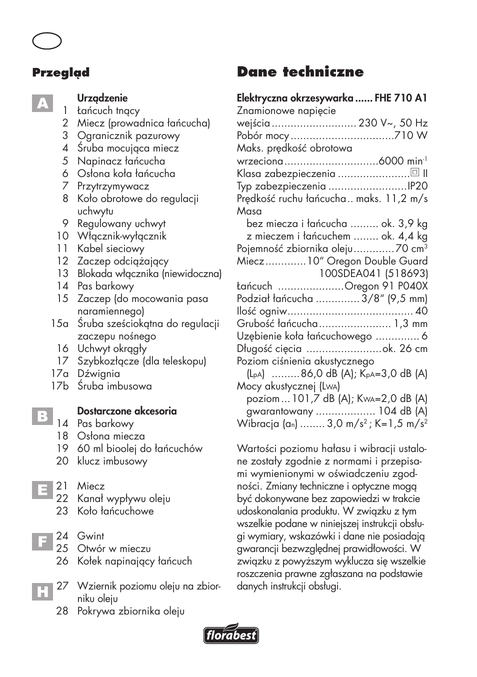 Dane techniczne | Florabest FHE 710 A1 User Manual | Page 26 / 132