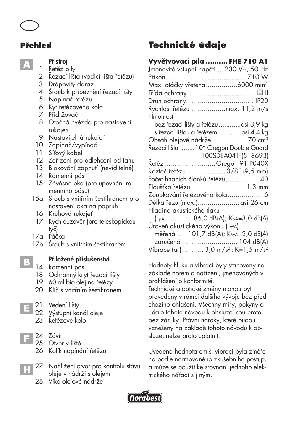 Technické údaje | Florabest FHE 710 A1 User Manual | Page 68 / 132