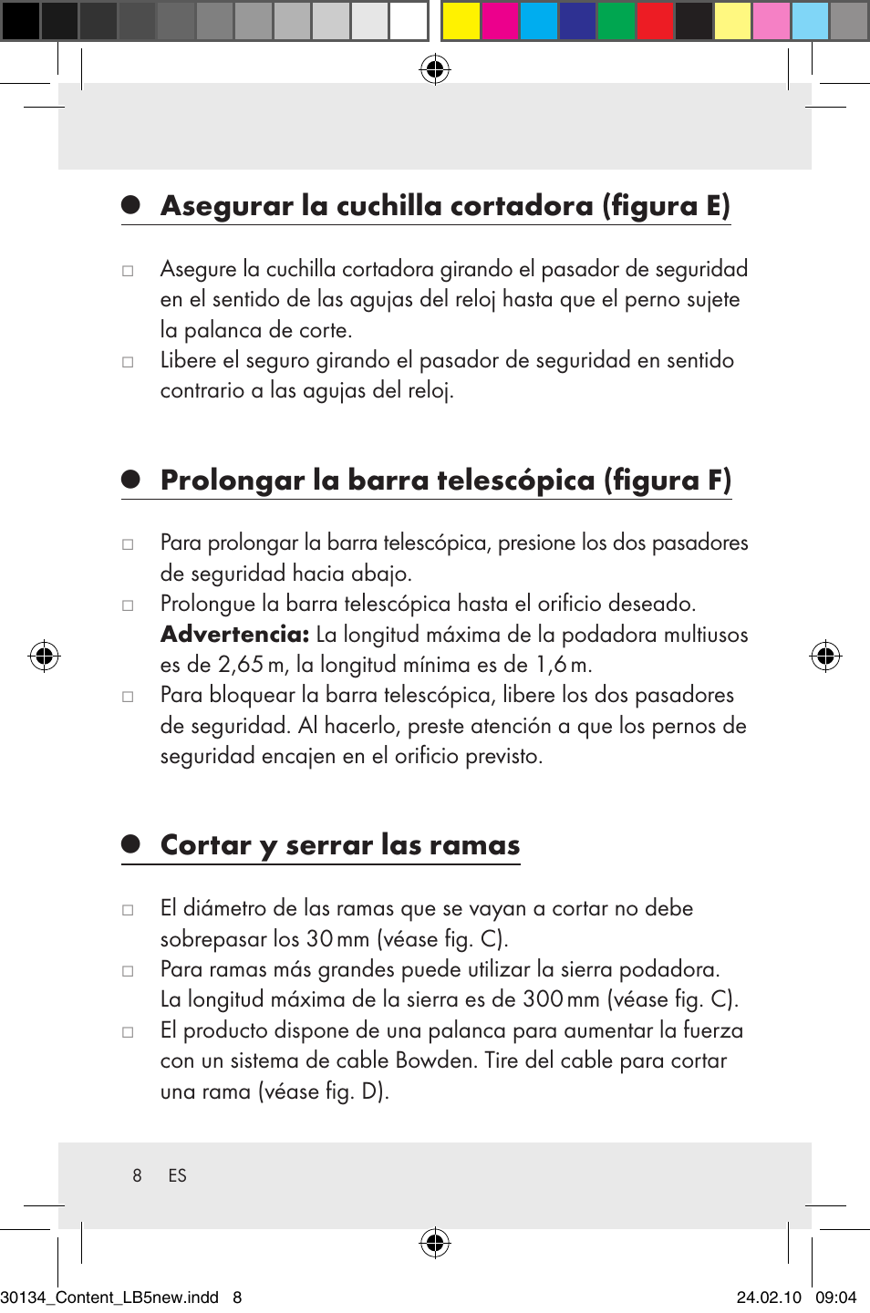 Asegurar la cuchilla cortadora (figura e), Prolongar la barra telescópica (figura f), Cortar y serrar las ramas | Florabest Z28344 User Manual | Page 10 / 27