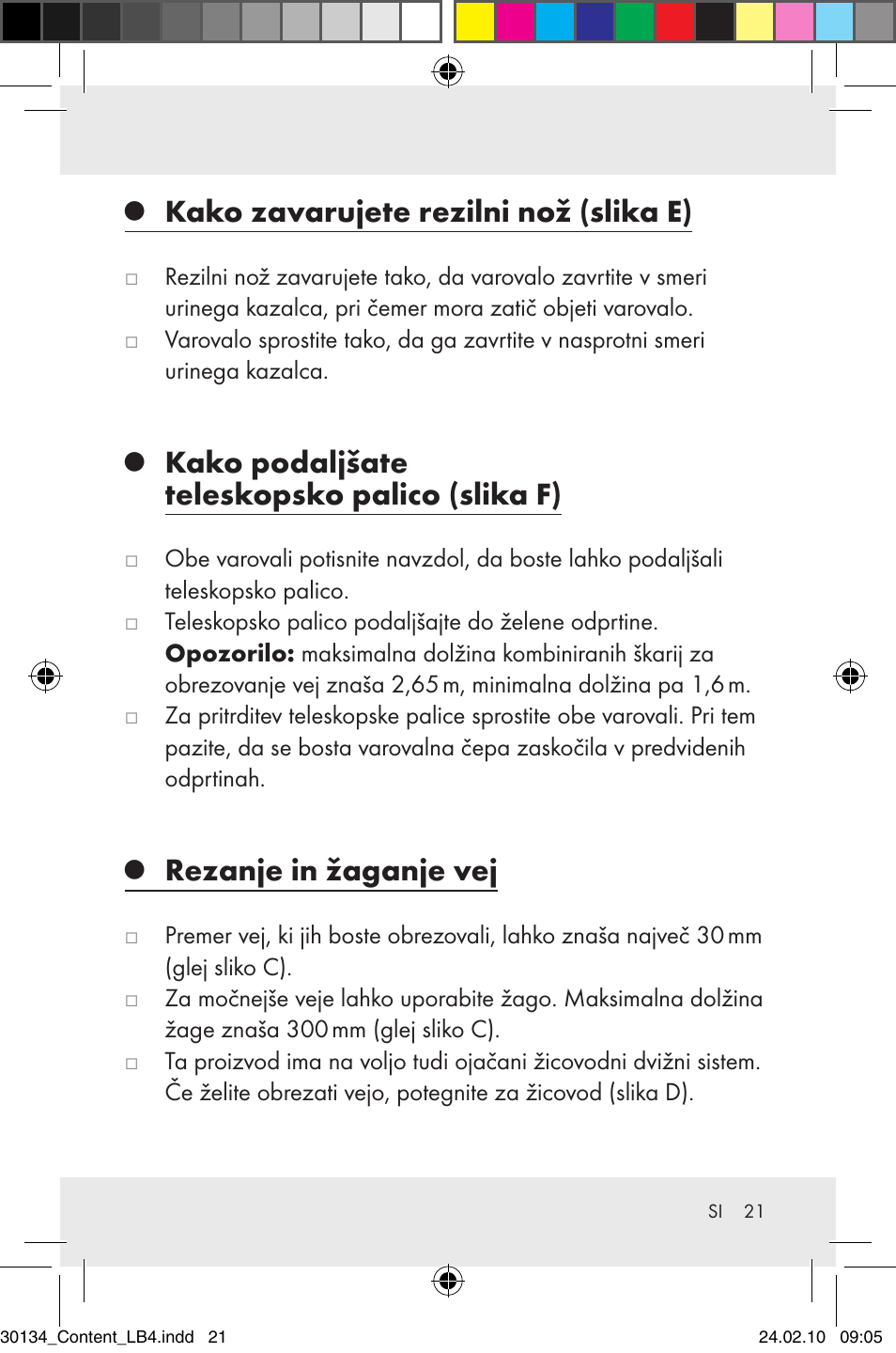 Kako zavarujete rezilni nož (slika e), Kako podaljšate teleskopsko palico (slika f), Rezanje in žaganje vej | Florabest Z28344 User Manual | Page 23 / 36