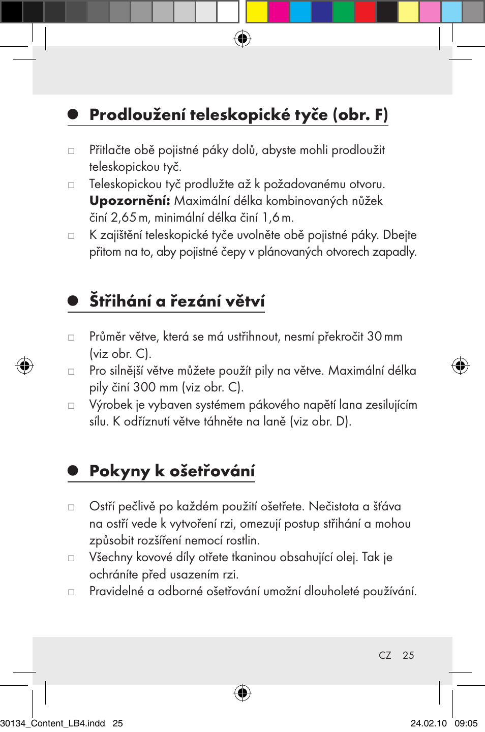 Prodloužení teleskopické tyče (obr. f), Štřihání a řezání větví, Pokyny k ošetřování | Florabest Z28344 User Manual | Page 27 / 36