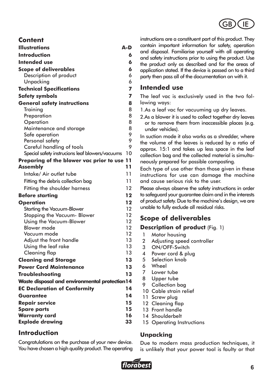Ie gb, Content, Introduction | Intended use, Scope of deliverables | Florabest FLB 3000 A1 User Manual | Page 7 / 36