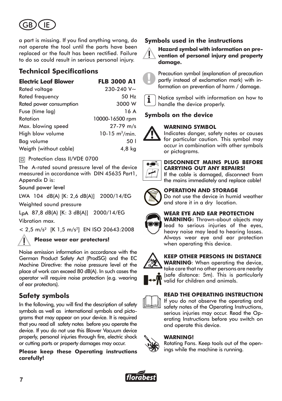 Gb ie, Technical specifications, Safety symbols | Florabest FLB 3000 A1 User Manual | Page 8 / 36