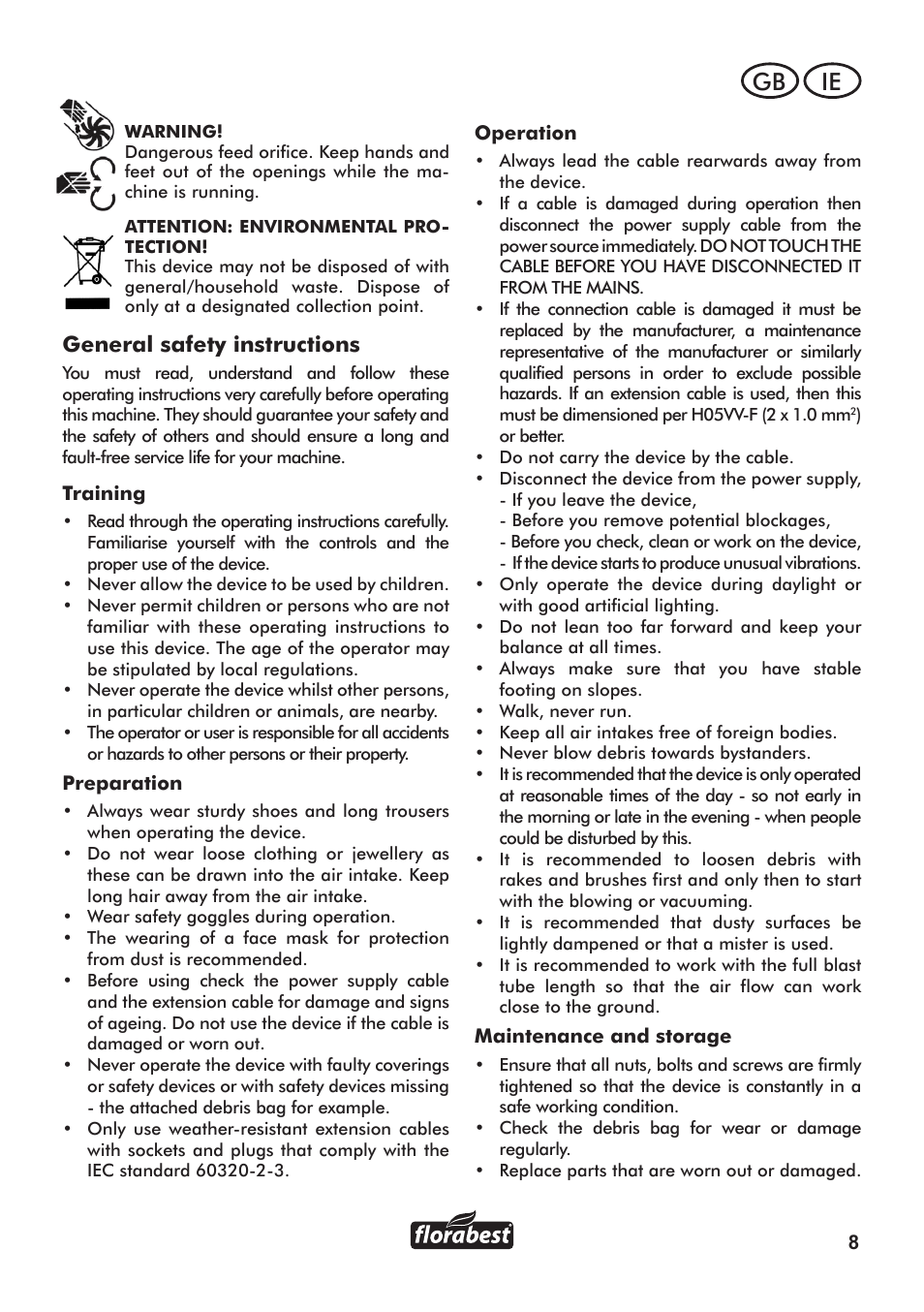 Ie gb, General safety instructions | Florabest FLB 3000 A1 User Manual | Page 9 / 36