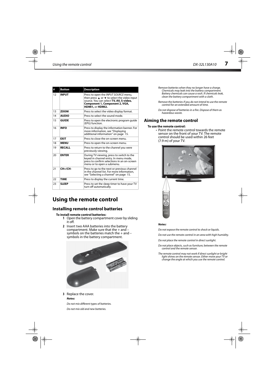 Using the remote control, Installing remote control batteries, Aiming the remote control | Dynex DX-32L130A10 User Manual | Page 10 / 25