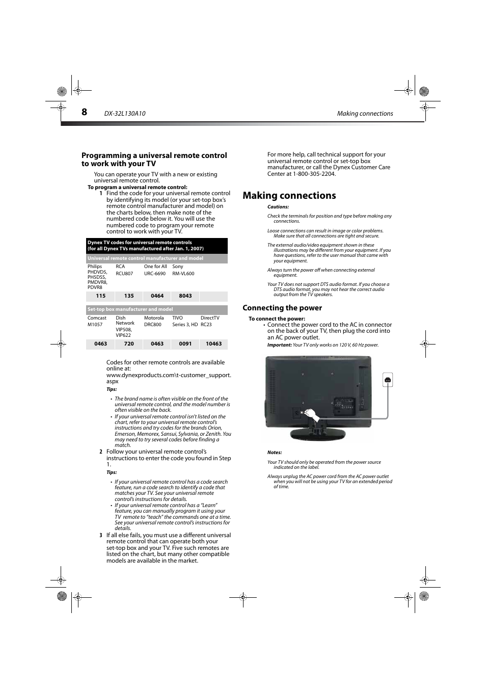 Making connections, Connecting the power | Dynex DX-32L130A10 User Manual | Page 11 / 25