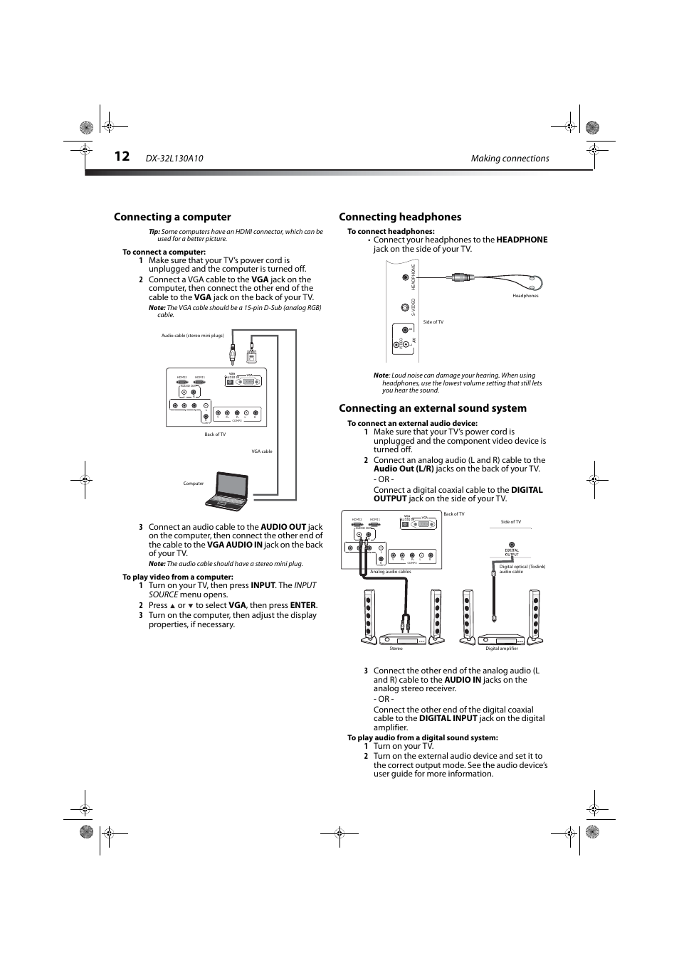 Connecting a computer, Connecting headphones, Connecting an external sound system | E “connecting a computer | Dynex DX-32L130A10 User Manual | Page 15 / 25