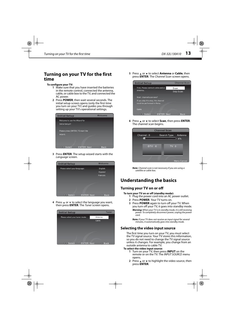 Turning on your tv for the first time, Understanding the basics, Turning your tv on or off | Selecting the video input source | Dynex DX-32L130A10 User Manual | Page 16 / 25