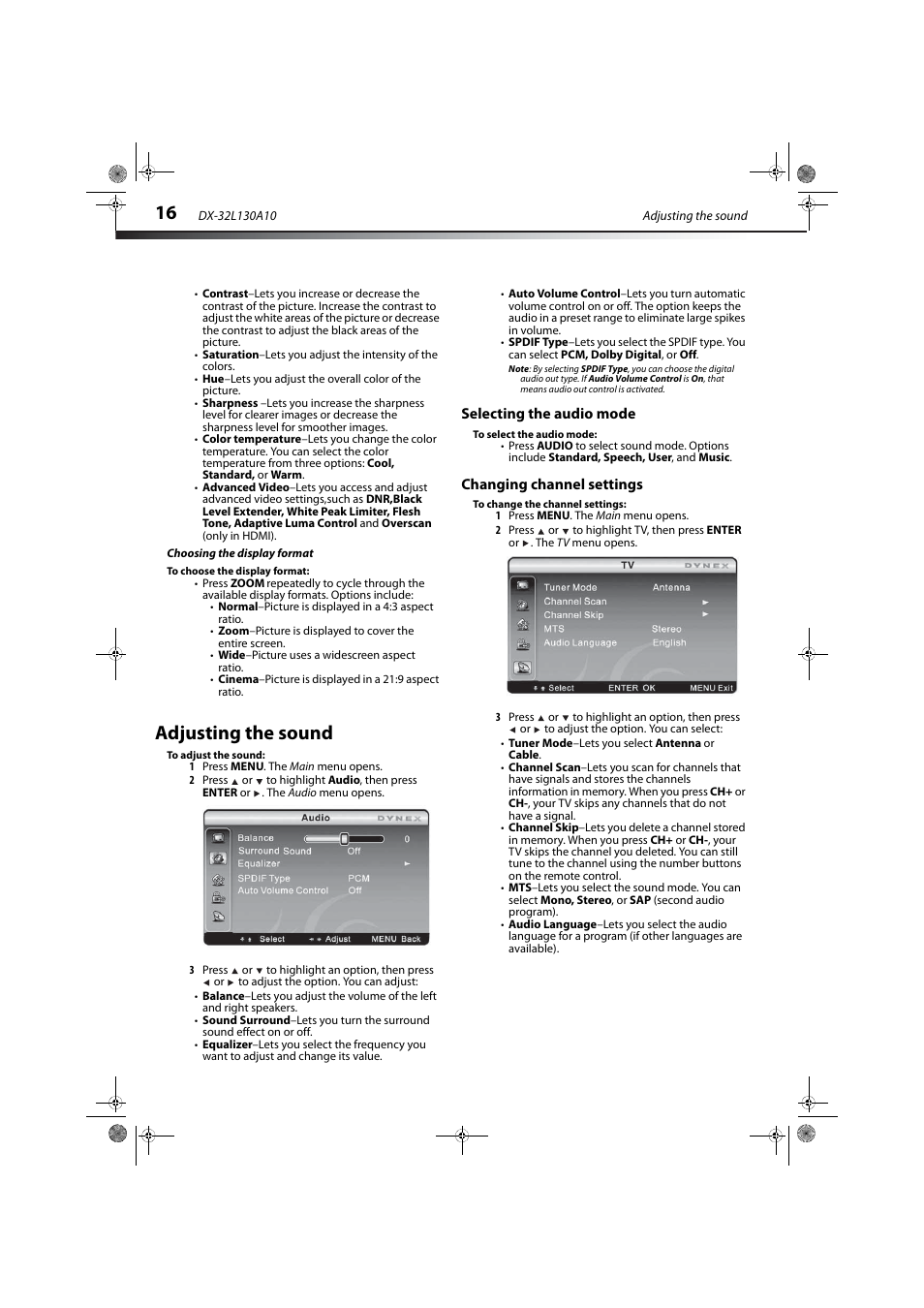 Choosing the display format, Adjusting the sound, Selecting the audio mode | Changing channel settings, Selecting the audio mode changing channel settings | Dynex DX-32L130A10 User Manual | Page 19 / 25
