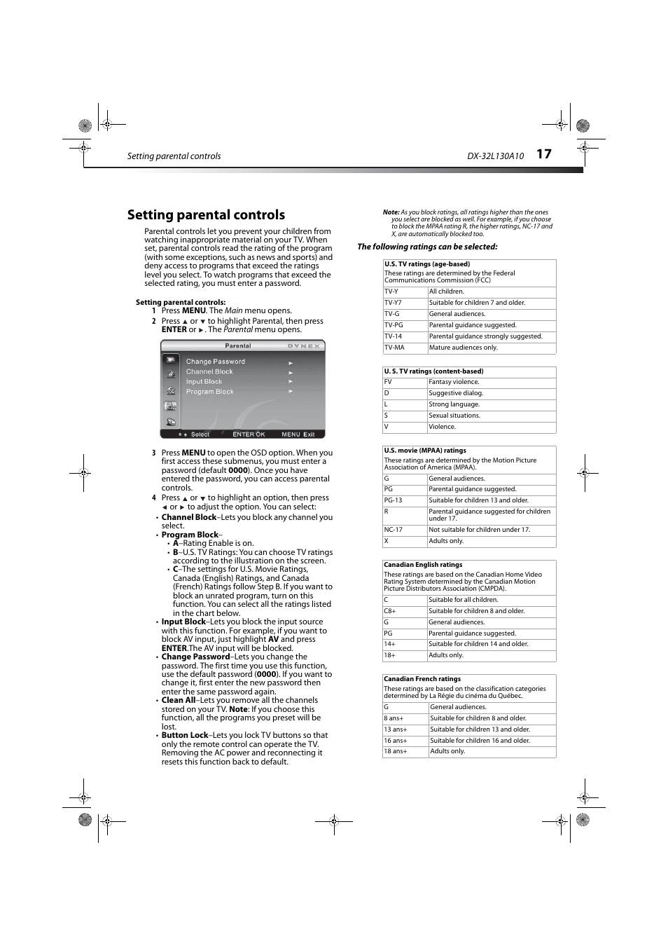 Setting parental controls, The following ratings can be selected | Dynex DX-32L130A10 User Manual | Page 20 / 25