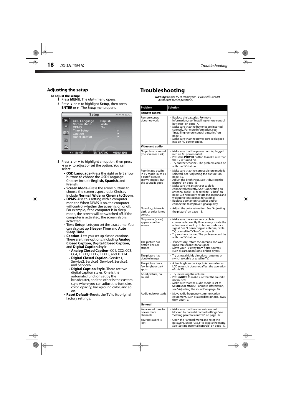 Adjusting the setup, Troubleshooting | Dynex DX-32L130A10 User Manual | Page 21 / 25