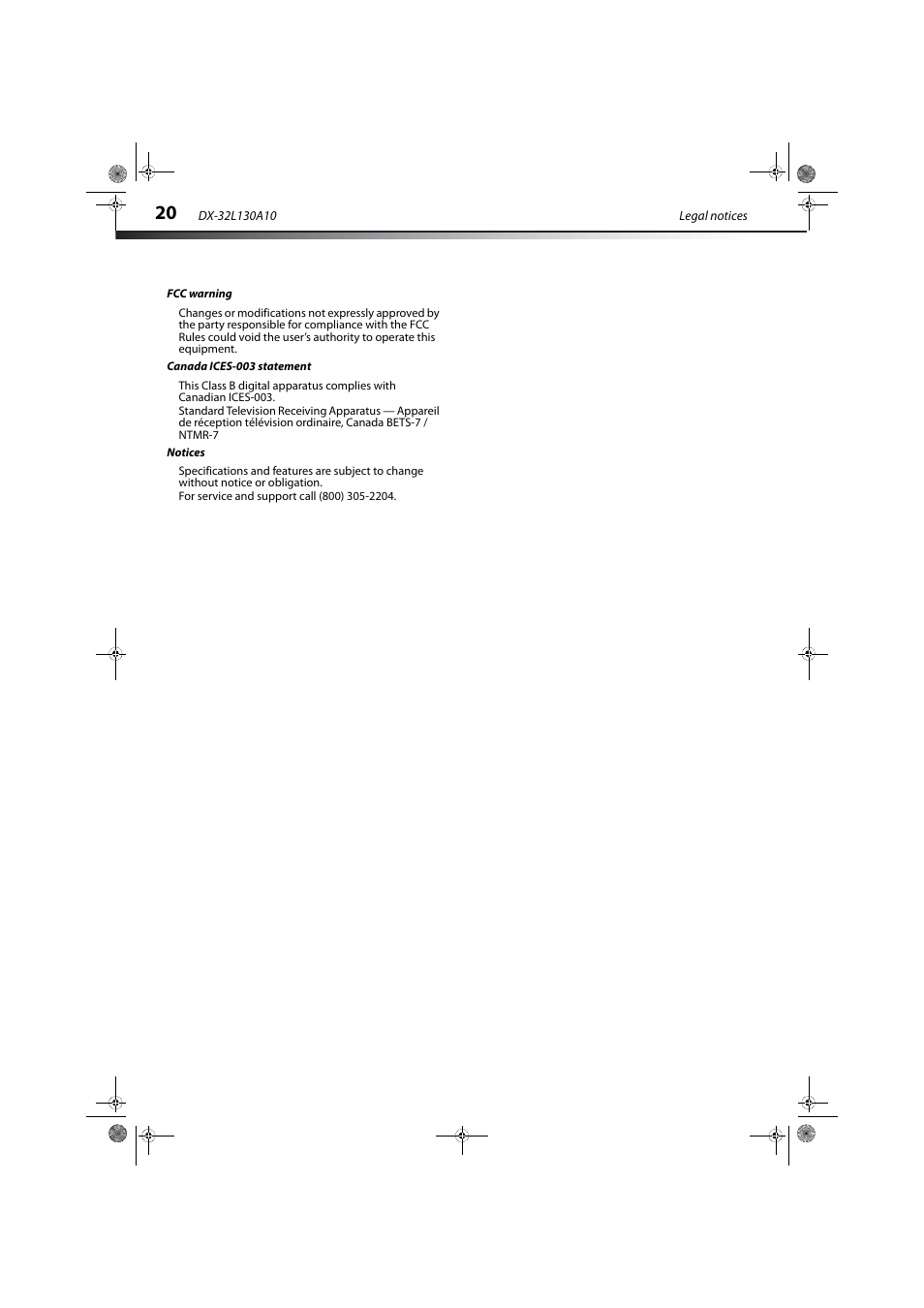 Fcc warning, Canada ices-003 statement, Notices | Dynex DX-32L130A10 User Manual | Page 23 / 25