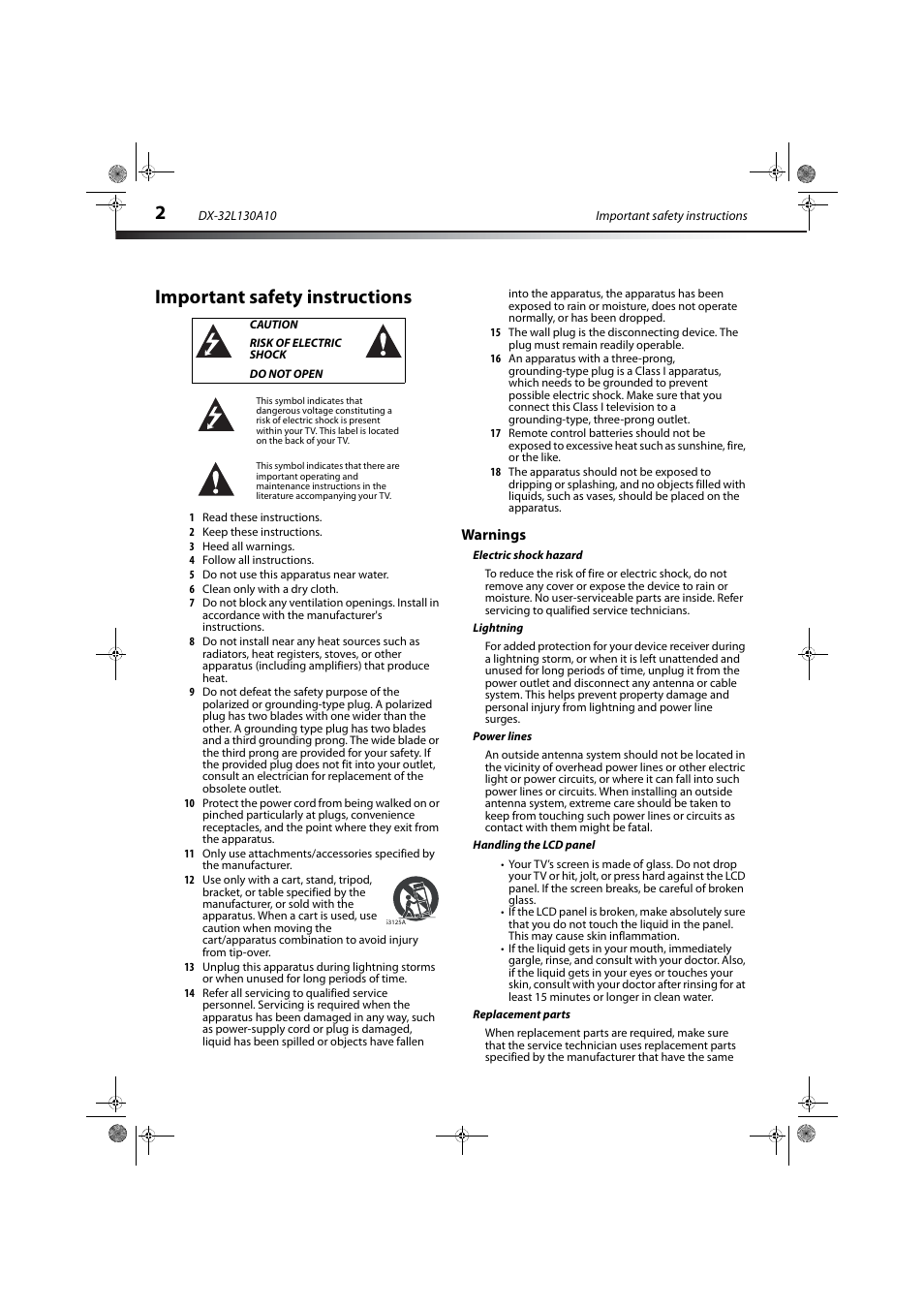 Important safety instructions, Caution, Risk of electric shock | Do not open, Warnings, Electric shock hazard, Lightning, Power lines, Handling the lcd panel, Replacement parts | Dynex DX-32L130A10 User Manual | Page 5 / 25