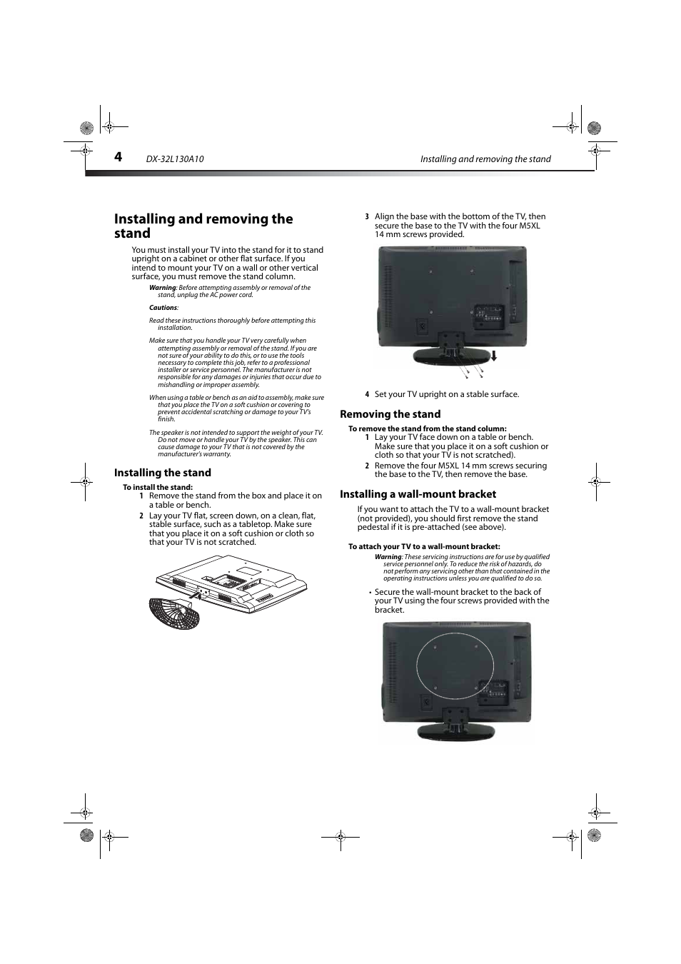 Installing and removing the stand, Installing the stand, Removing the stand | Installing a wall-mount bracket | Dynex DX-32L130A10 User Manual | Page 7 / 25