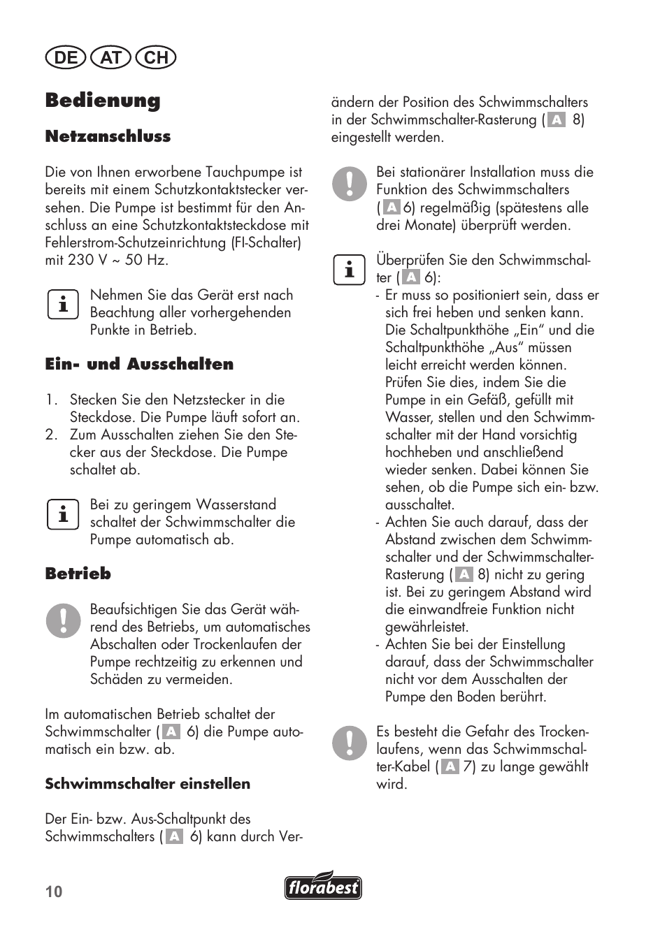 Bedienung, De at ch | Florabest FTP 400 B2 User Manual | Page 10 / 54