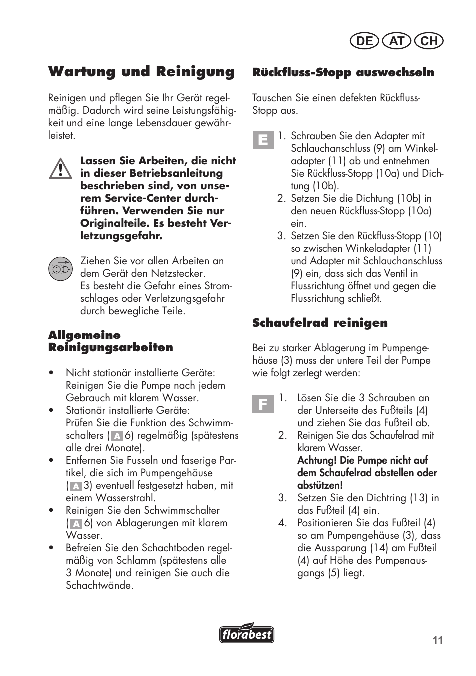 Wartung und reinigung, De at ch | Florabest FTP 400 B2 User Manual | Page 11 / 54