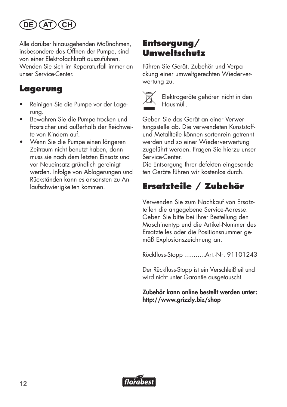 Lagerung, Entsorgung/ umweltschutz, Ersatzteile / zubehör | De at ch | Florabest FTP 400 B2 User Manual | Page 12 / 54