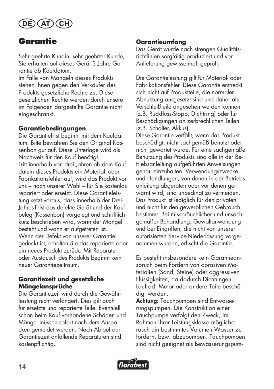 Garantie, De at ch | Florabest FTP 400 B2 User Manual | Page 14 / 54