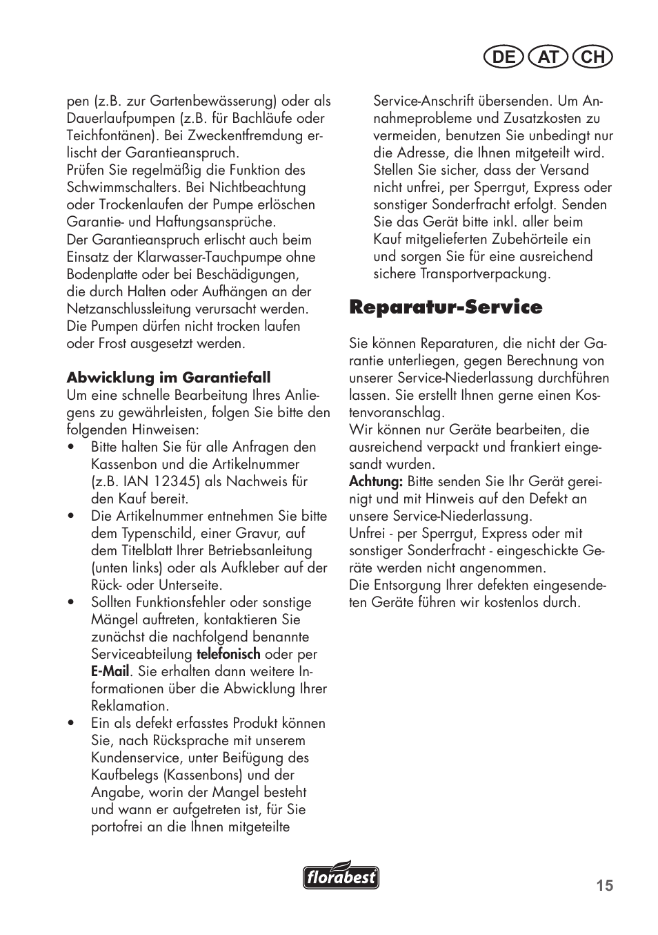 Reparatur-service, De at ch | Florabest FTP 400 B2 User Manual | Page 15 / 54