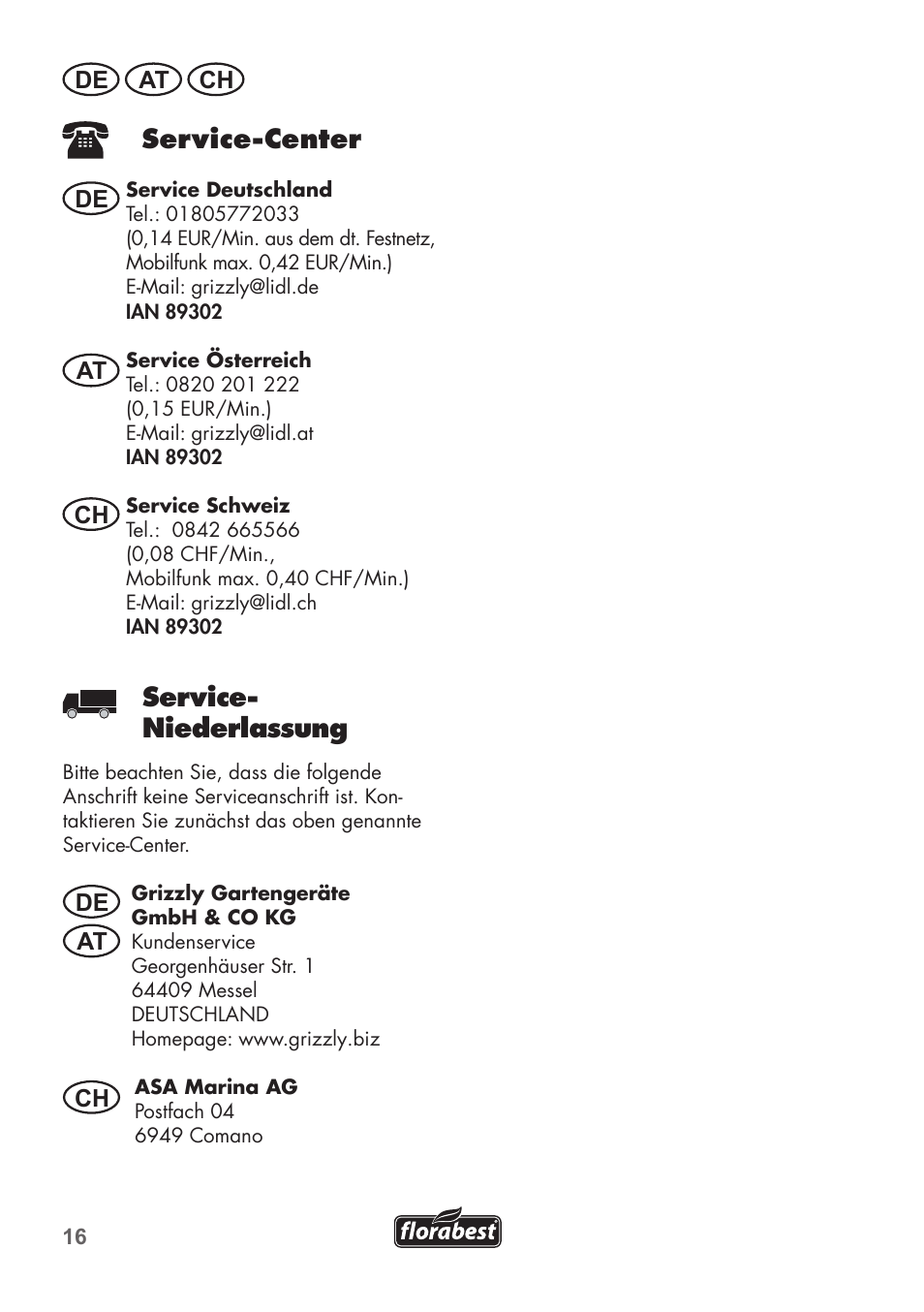 Service-center, Service- niederlassung, De at ch | De at at ch ch | Florabest FTP 400 B2 User Manual | Page 16 / 54