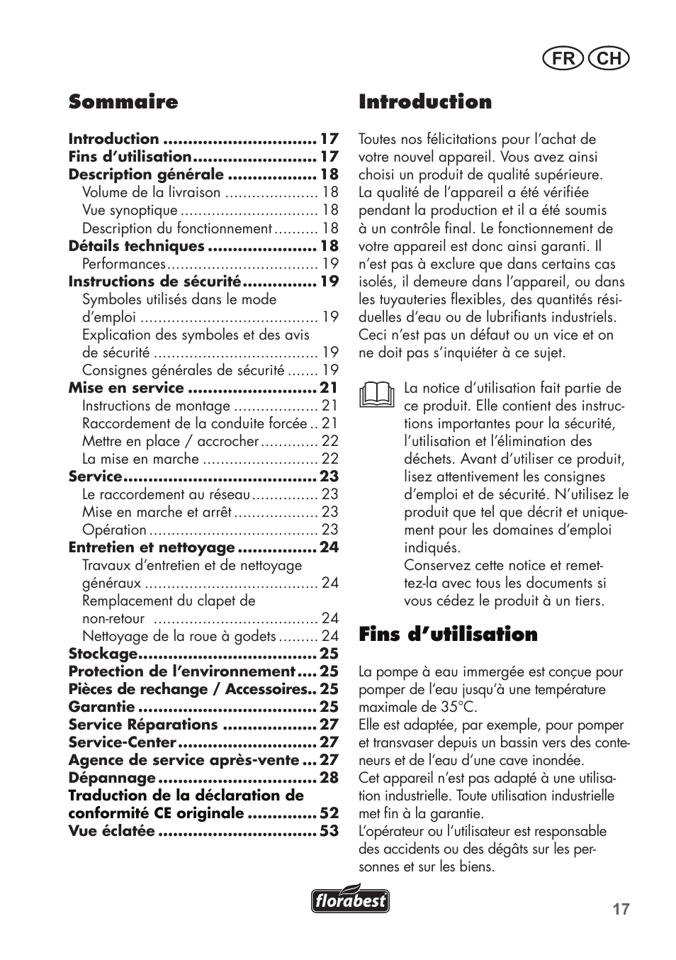 Introduction, Fins d’utilisation, Sommaire | Ch fr | Florabest FTP 400 B2 User Manual | Page 17 / 54