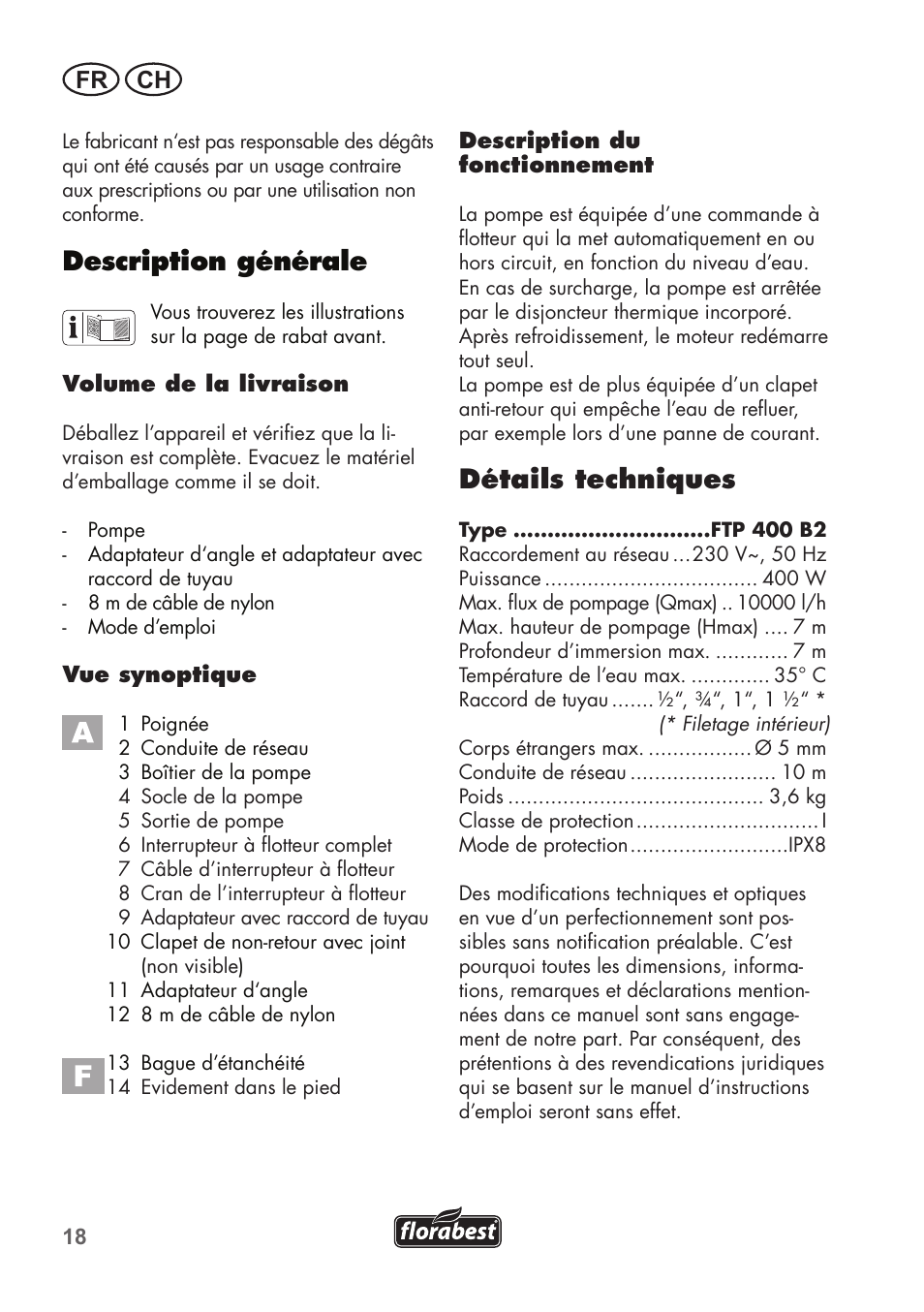 Détails techniques, Description générale, Fr ch | Florabest FTP 400 B2 User Manual | Page 18 / 54