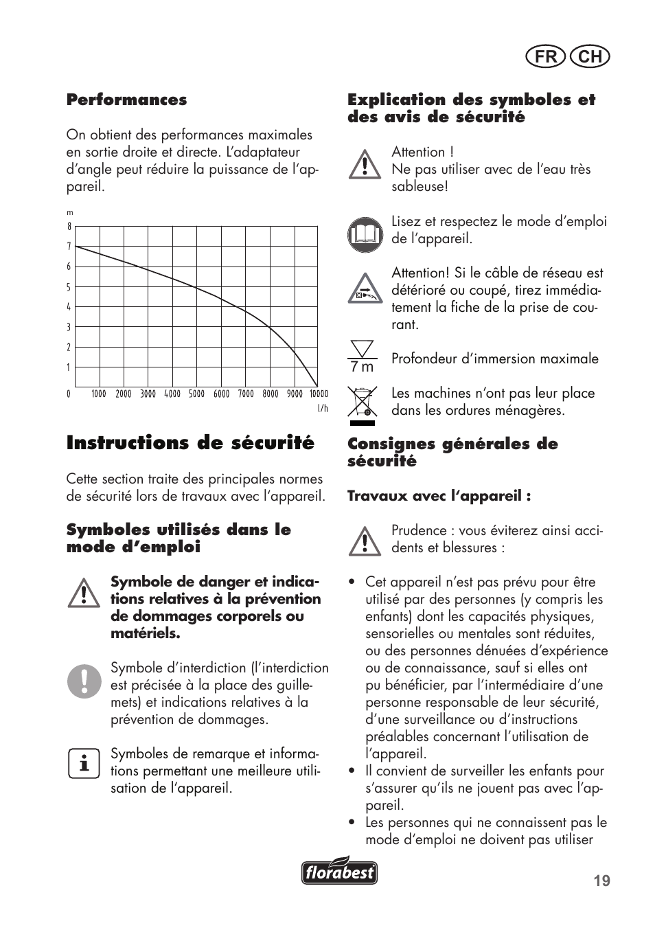 Instructions de sécurité, Ch fr | Florabest FTP 400 B2 User Manual | Page 19 / 54