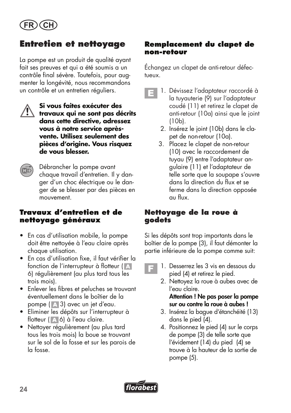Entretien et nettoyage, Fr ch | Florabest FTP 400 B2 User Manual | Page 24 / 54