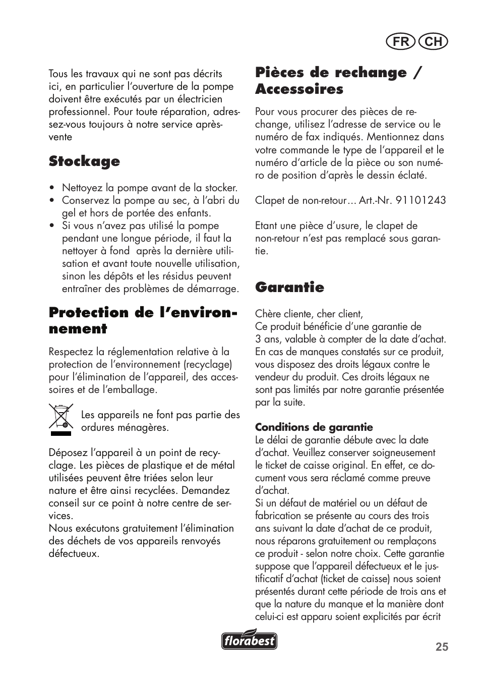 Stockage, Protection de l’environ- nement, Pièces de rechange / accessoires | Garantie, Ch fr | Florabest FTP 400 B2 User Manual | Page 25 / 54