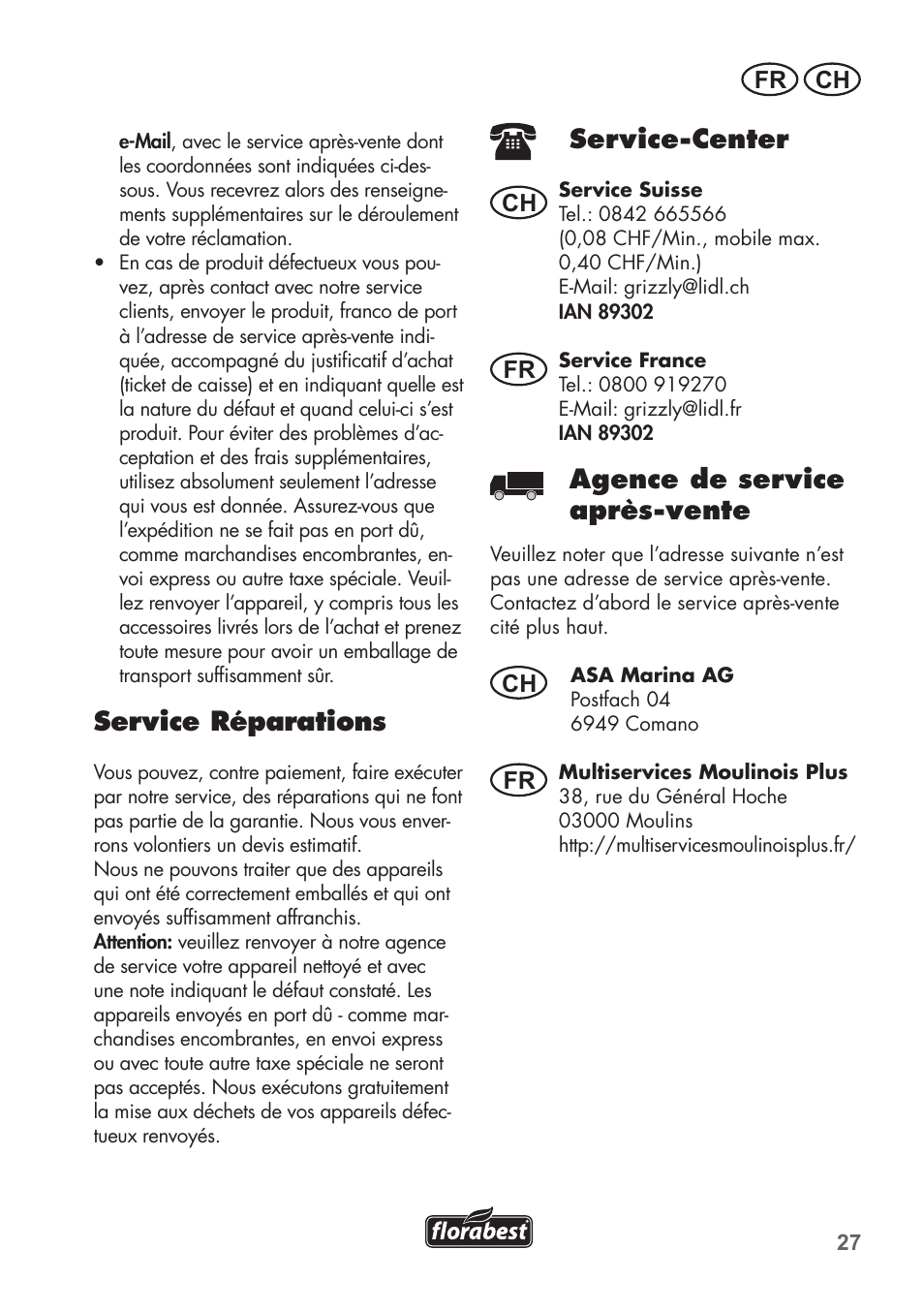 Service réparations, Service-center, Agence de service après-vente | Ch fr ch fr ch fr | Florabest FTP 400 B2 User Manual | Page 27 / 54