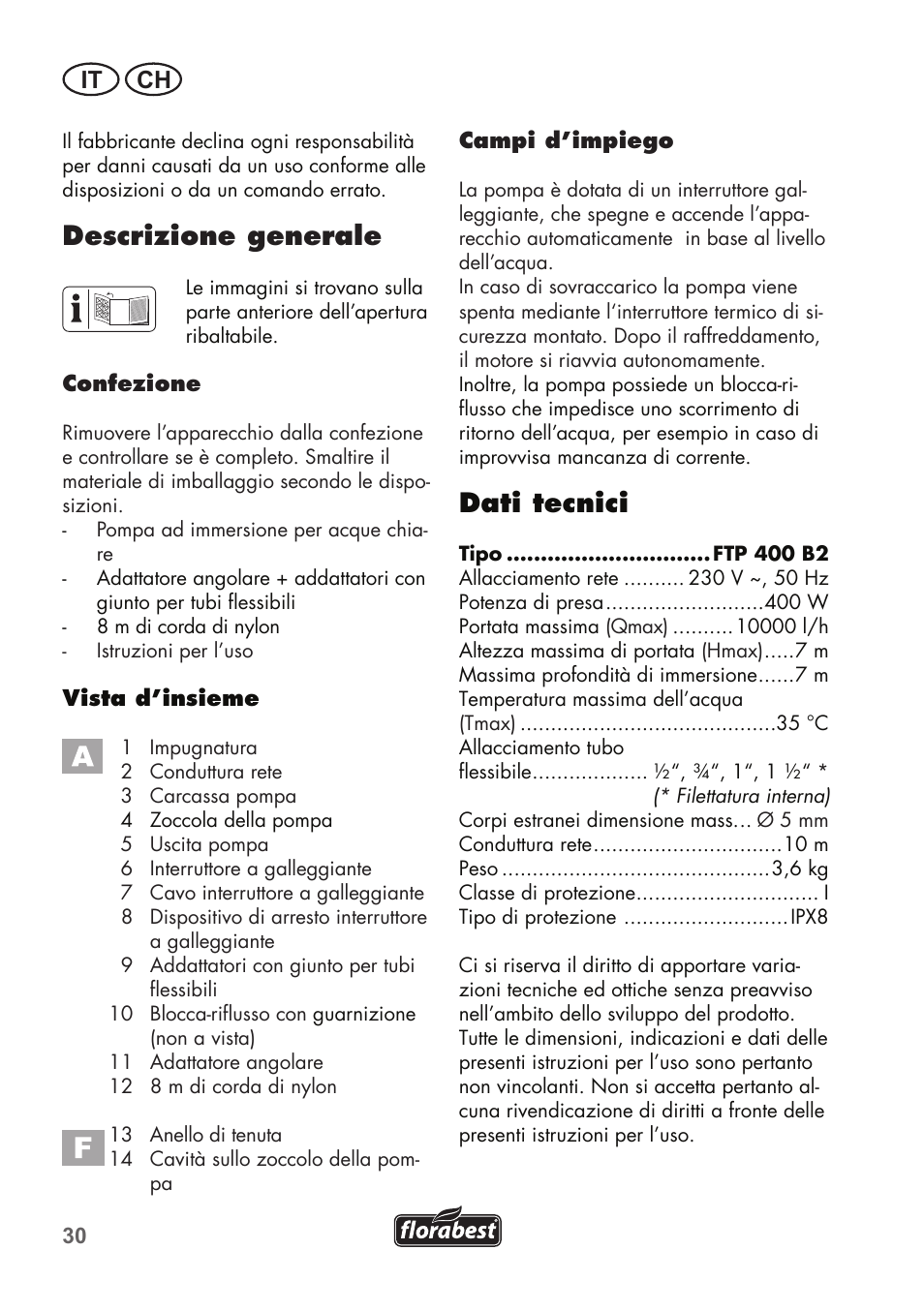 Dati tecnici, Descrizione generale, It ch | Florabest FTP 400 B2 User Manual | Page 30 / 54