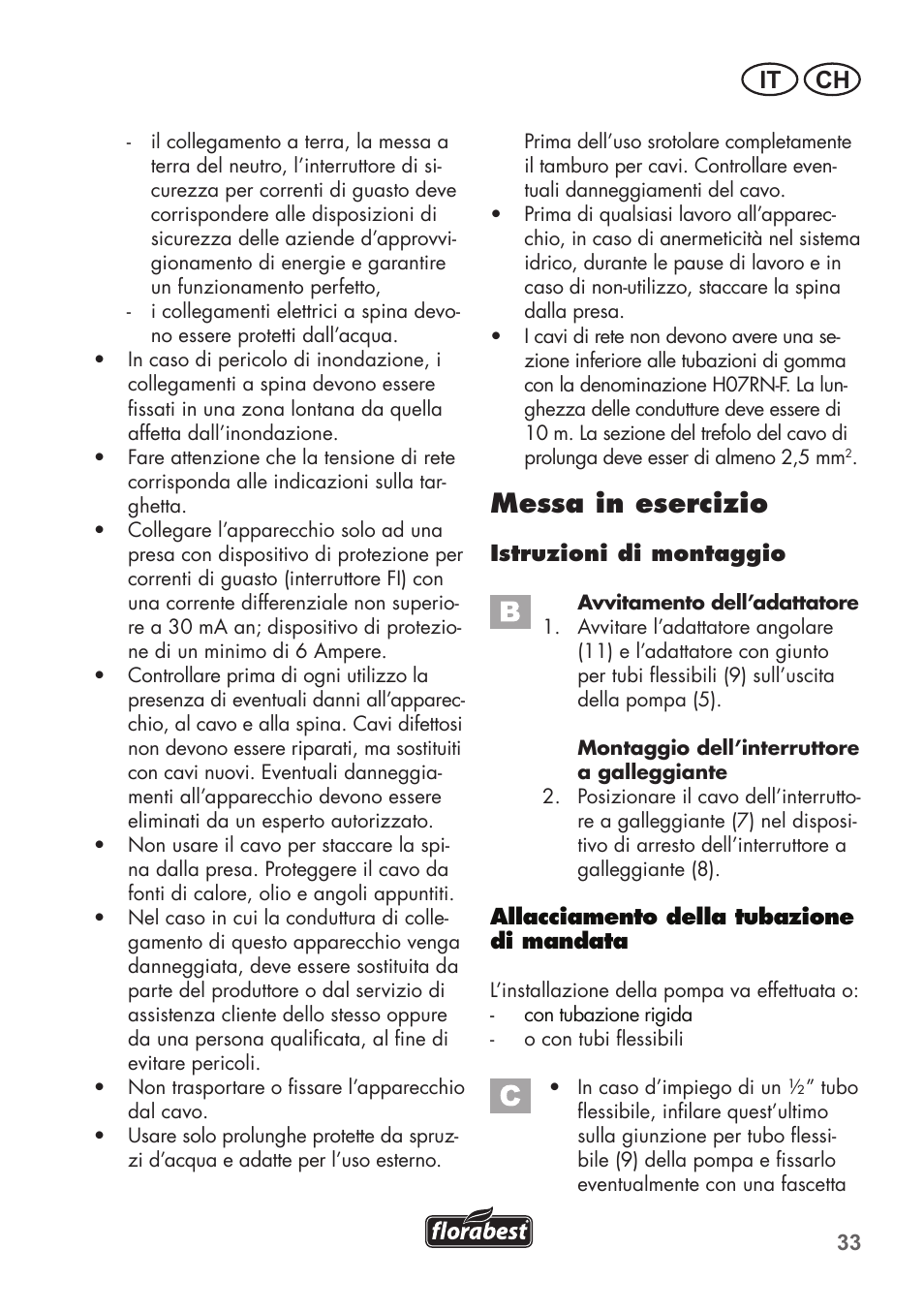Messa in esercizio, It ch | Florabest FTP 400 B2 User Manual | Page 33 / 54