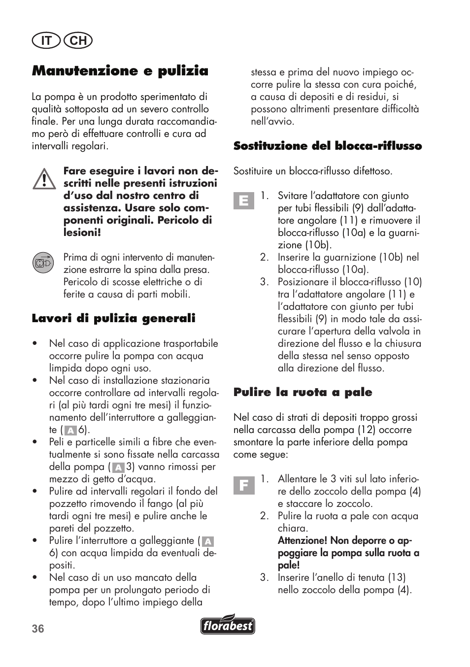 Manutenzione e pulizia, It ch | Florabest FTP 400 B2 User Manual | Page 36 / 54