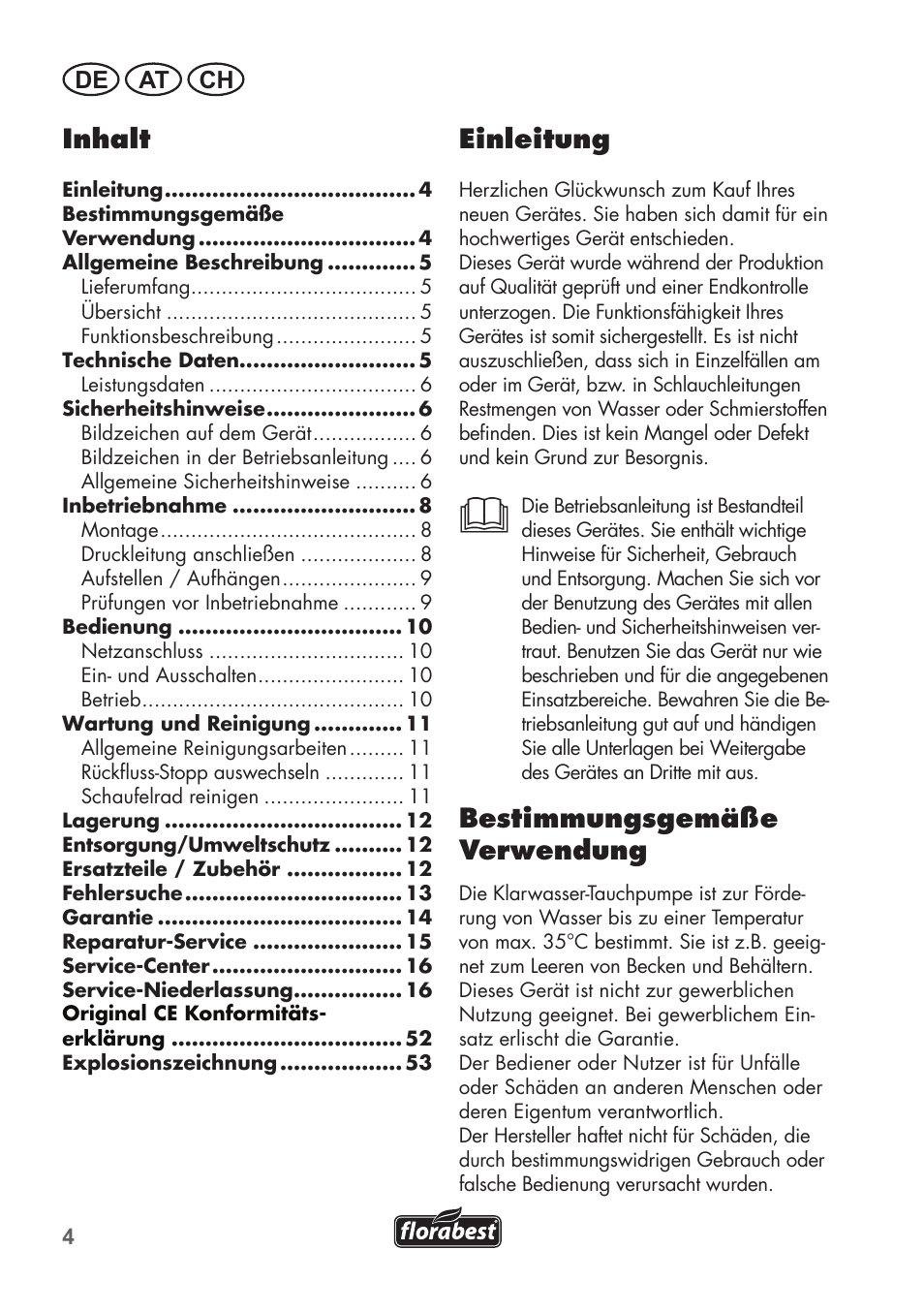 Einleitung, Bestimmungsgemäße verwendung, Inhalt | De at ch | Florabest FTP 400 B2 User Manual | Page 4 / 54