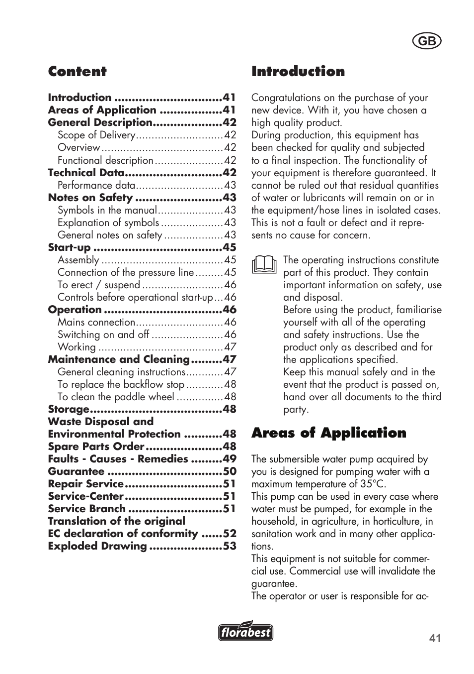 Introduction, Areas of application, Content | Florabest FTP 400 B2 User Manual | Page 41 / 54