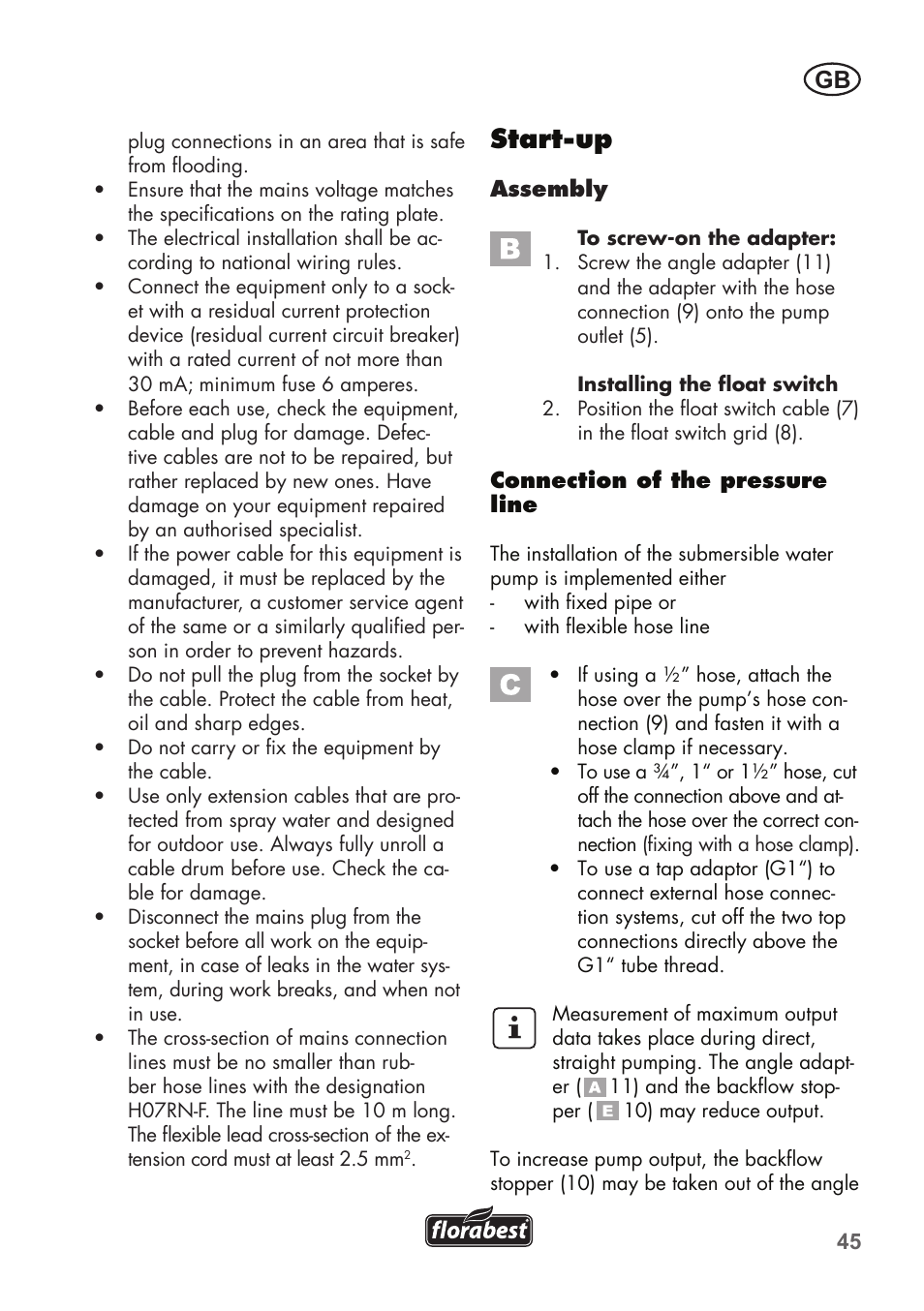 Start-up | Florabest FTP 400 B2 User Manual | Page 45 / 54