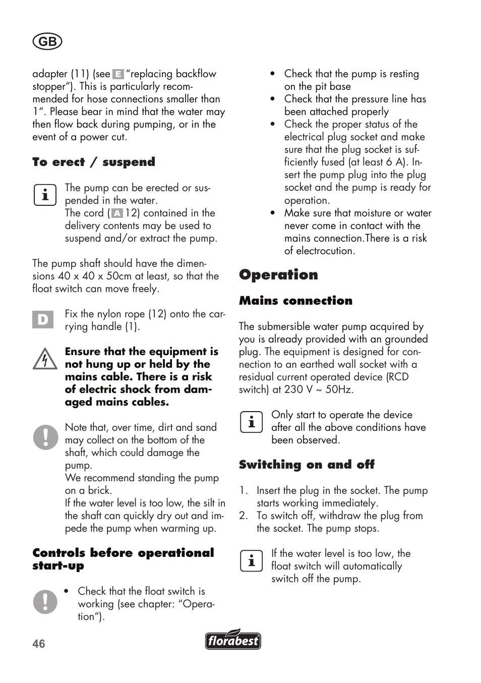 Operation | Florabest FTP 400 B2 User Manual | Page 46 / 54