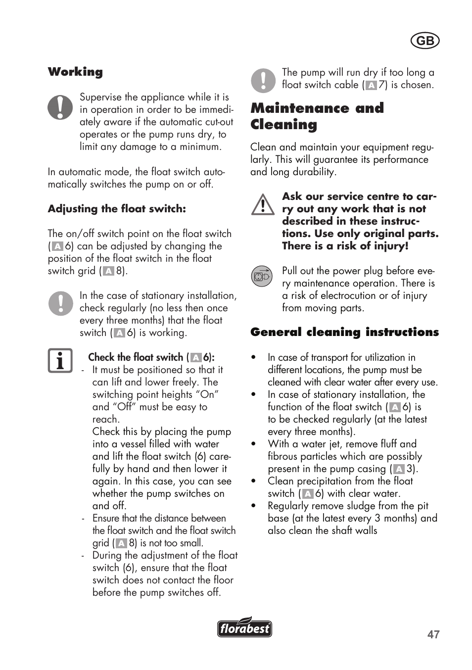 Maintenance and cleaning | Florabest FTP 400 B2 User Manual | Page 47 / 54