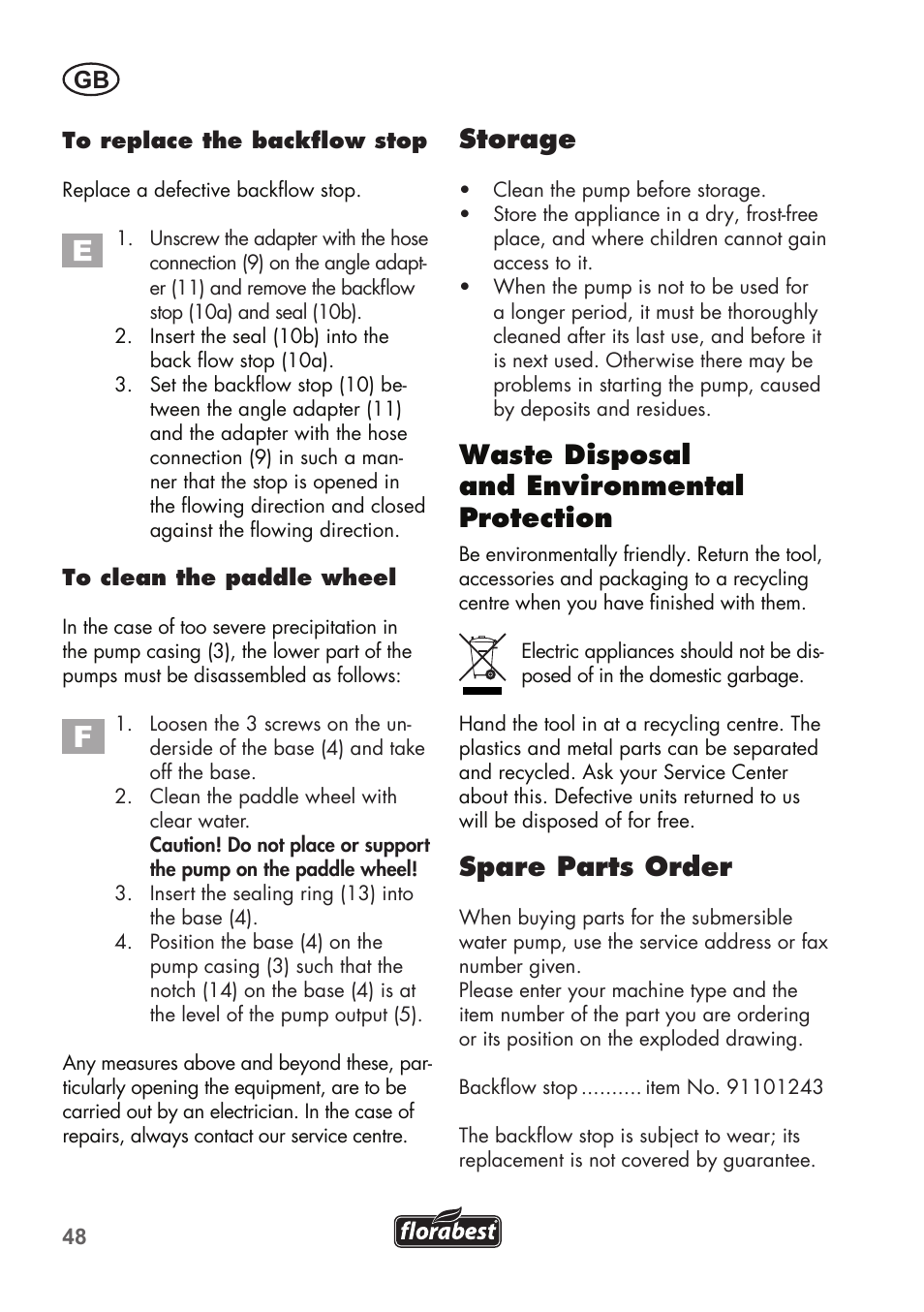 Storage, Waste disposal and environmental protection, Spare parts order | Florabest FTP 400 B2 User Manual | Page 48 / 54