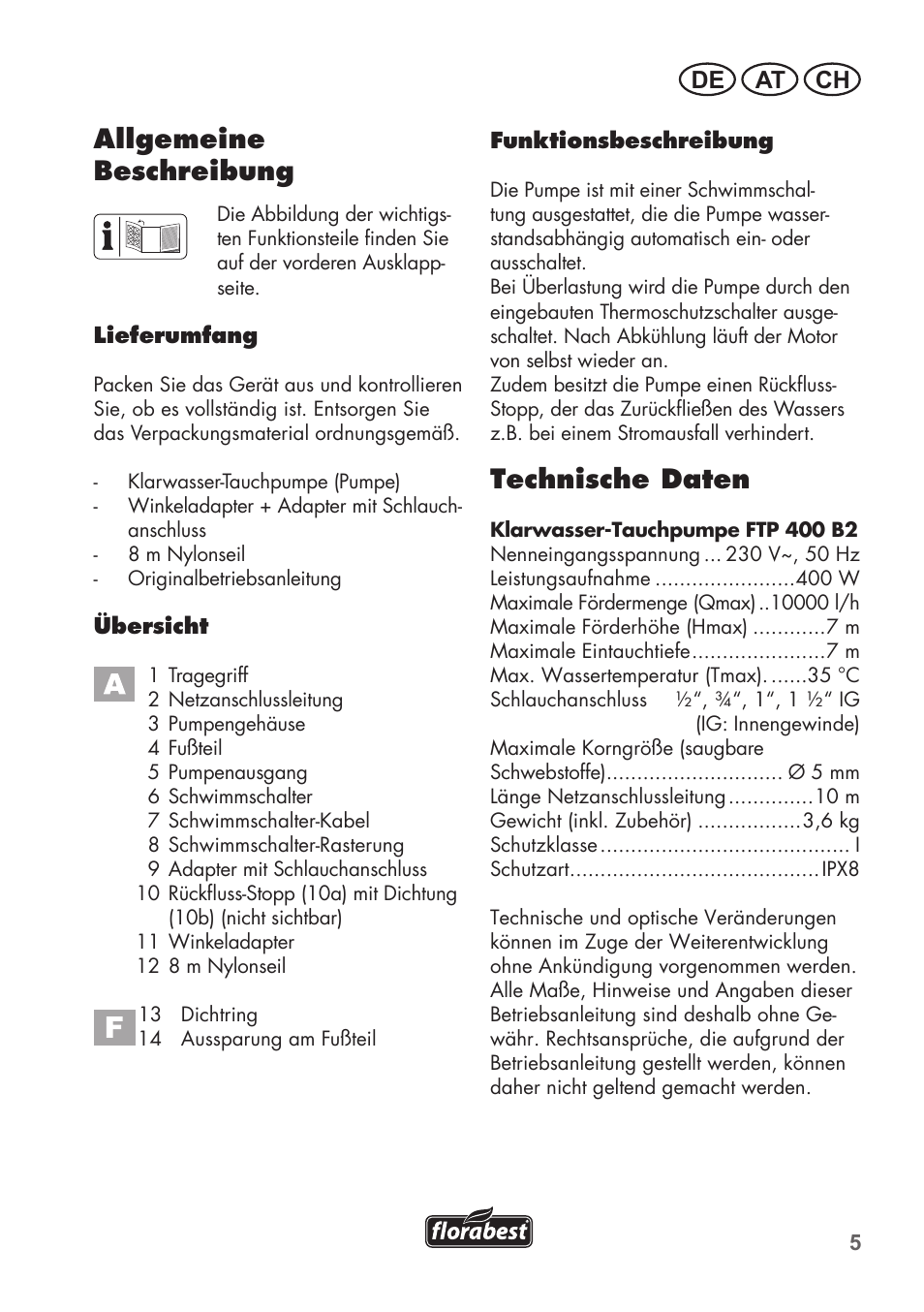 Technische daten, Allgemeine beschreibung, De at ch | Florabest FTP 400 B2 User Manual | Page 5 / 54