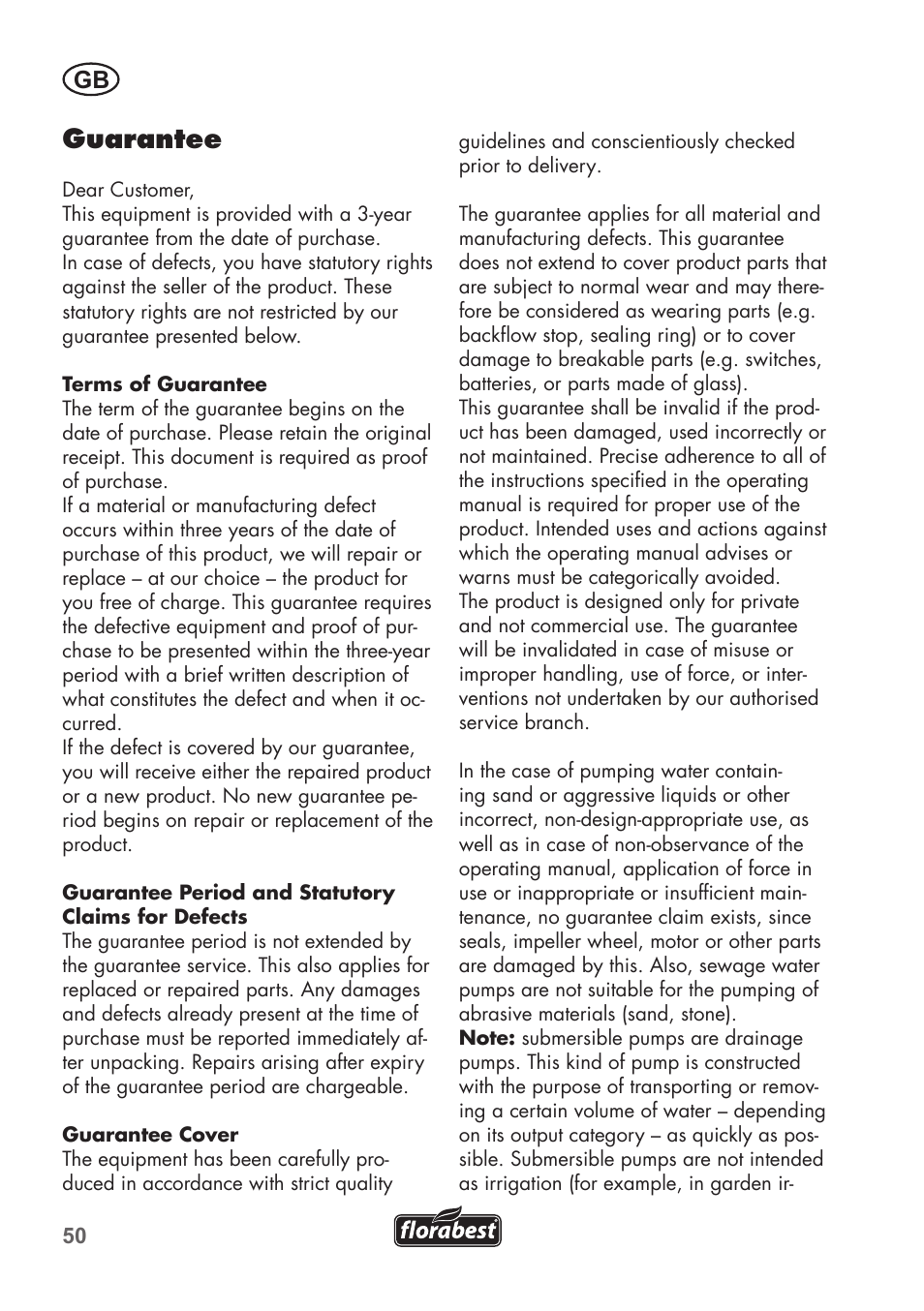 Guarantee | Florabest FTP 400 B2 User Manual | Page 50 / 54