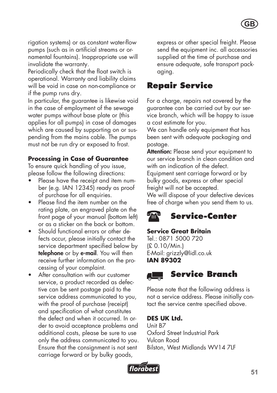 Repair service, Service-center, Service branch | Florabest FTP 400 B2 User Manual | Page 51 / 54