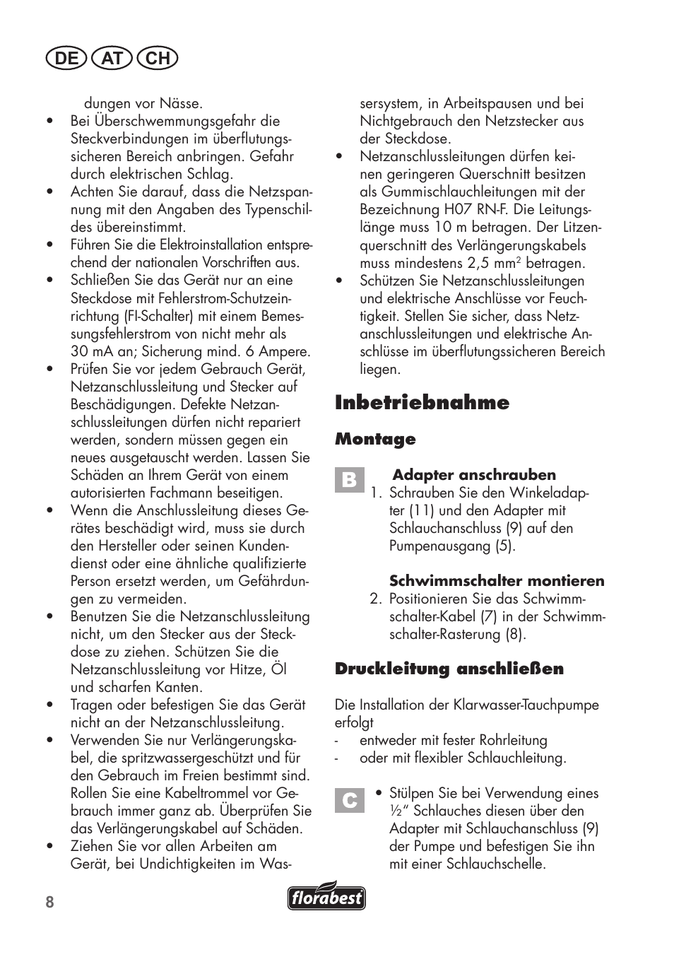 Inbetriebnahme, De at ch | Florabest FTP 400 B2 User Manual | Page 8 / 54