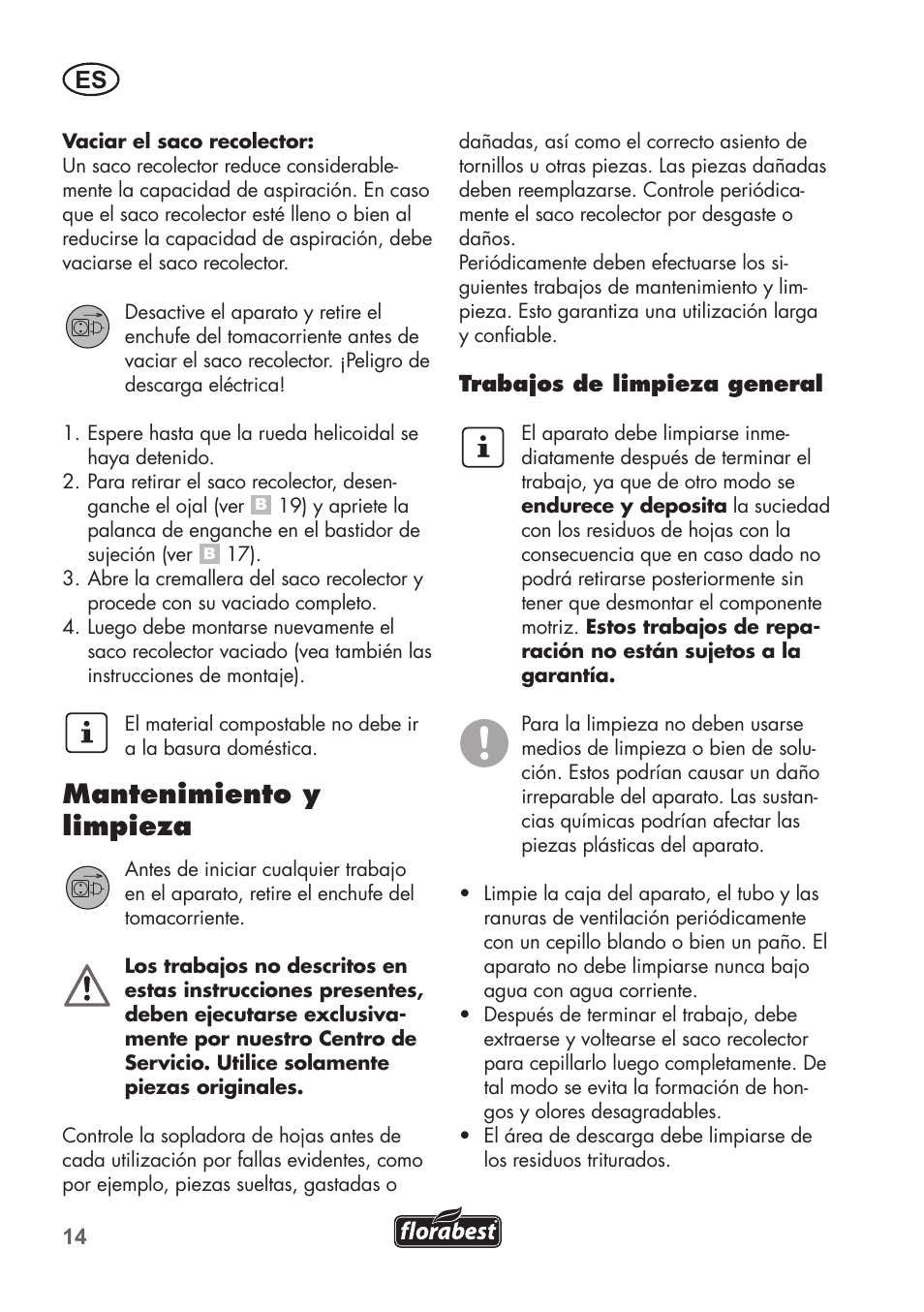 Mantenimiento y limpieza | Florabest FLB 2500 A2 User Manual | Page 14 / 70