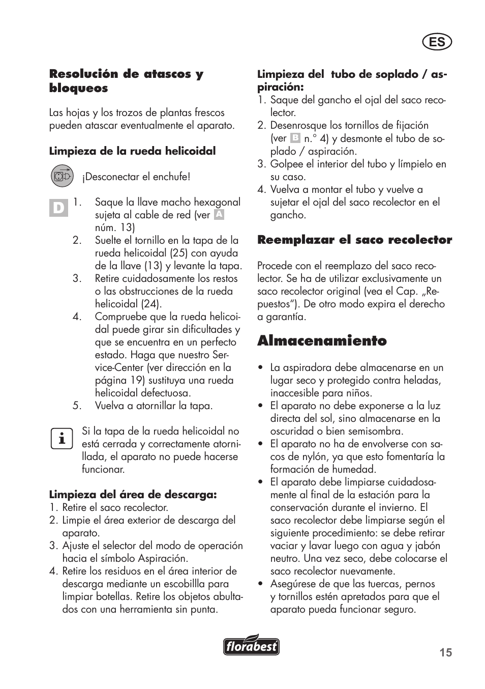 Almacenamiento | Florabest FLB 2500 A2 User Manual | Page 15 / 70