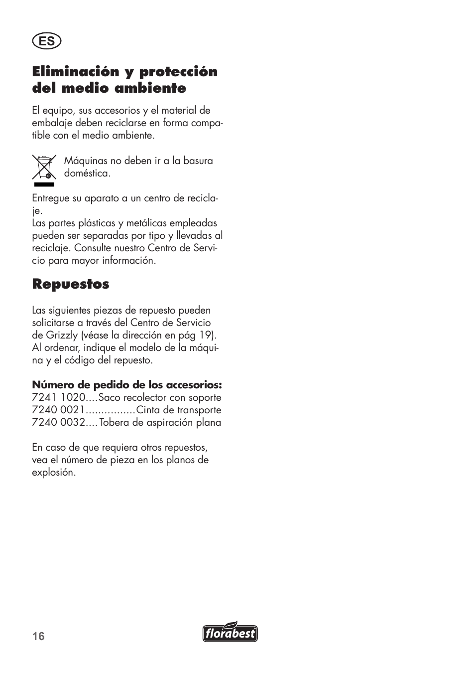 Eliminación y protección del medio ambiente, Repuestos | Florabest FLB 2500 A2 User Manual | Page 16 / 70